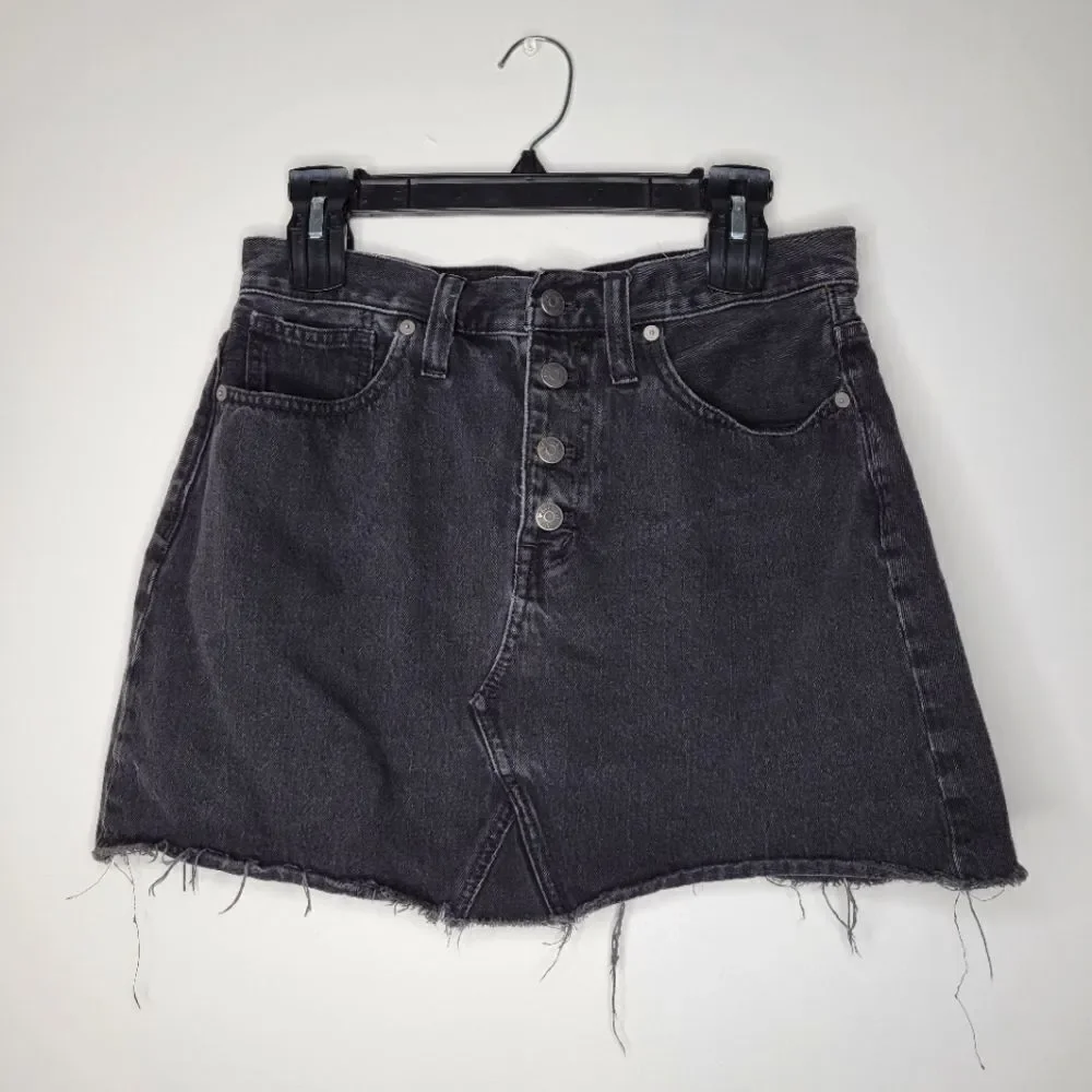 Madewell Rigid A-Line Black Denim Mini Skirt Raw Hem 28